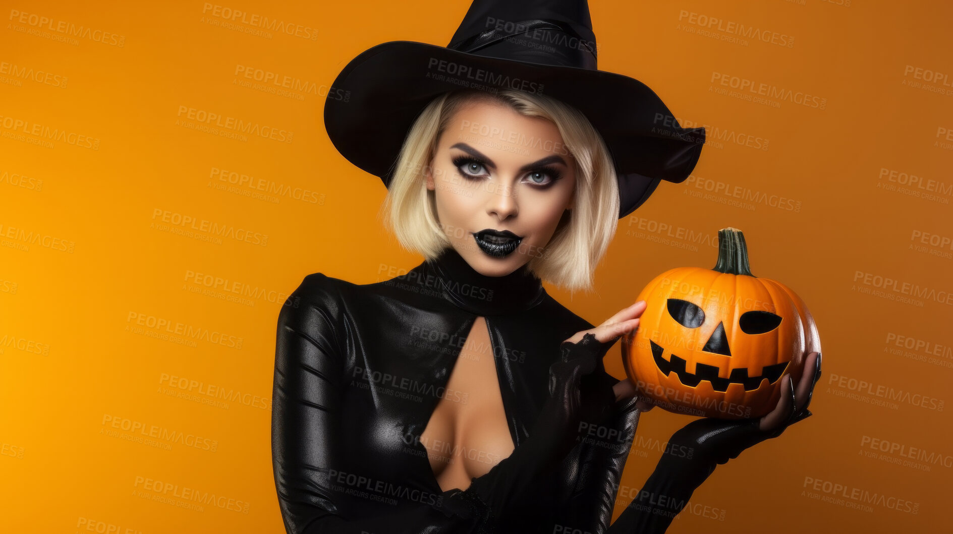 Buy stock photo Attractive woman wearing a witch costume and holding a pumpkin on orange background