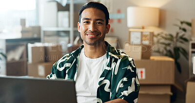 Buy stock photo Ecommerce, man and portrait with laptop in office for research, feedback and supply chain for business. Asian, person and face with pc for logistics, stock administration or package distribution data