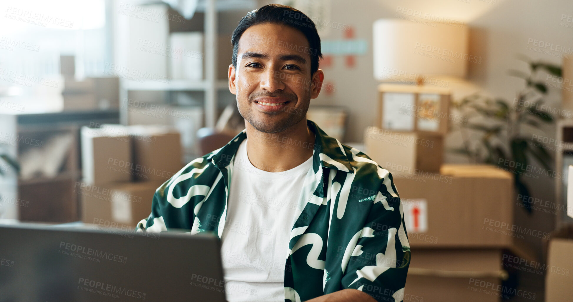 Buy stock photo Ecommerce, man and portrait with laptop in office for research, feedback and supply chain for business. Asian, person and face with pc for logistics, stock administration or package distribution data