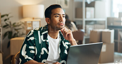 Buy stock photo Shipping, man and thinking with laptop in office for research, feedback and supply chain for business. Asian, person and idea with pc for logistics, stock administration or package distribution data