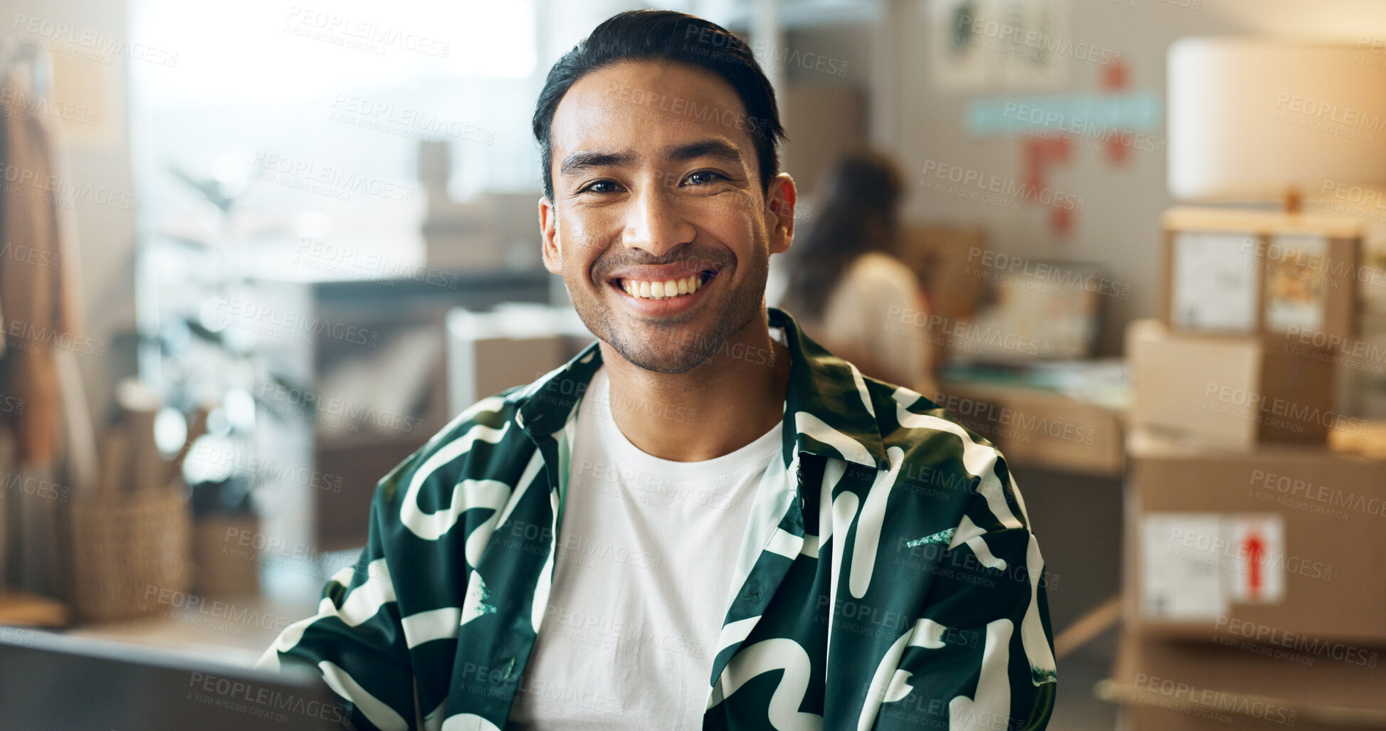 Buy stock photo Happy asian man, portrait and face in logistics, small business or fashion designer at boutique. Creative male person smile for startup, career ambition or success at retail clothing store or shop