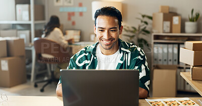 Buy stock photo Logistics, man and reading on laptop in office for research, feedback and supply chain for business. Asian, person and happiness on pc for logistics, stock administration or package distribution data