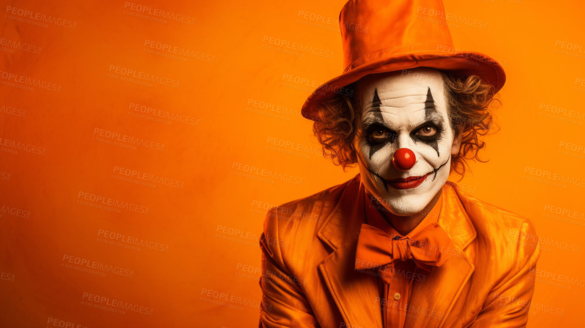 Buy stock photo Portrait of a evil creepy clown makeup and costume for halloween celebration