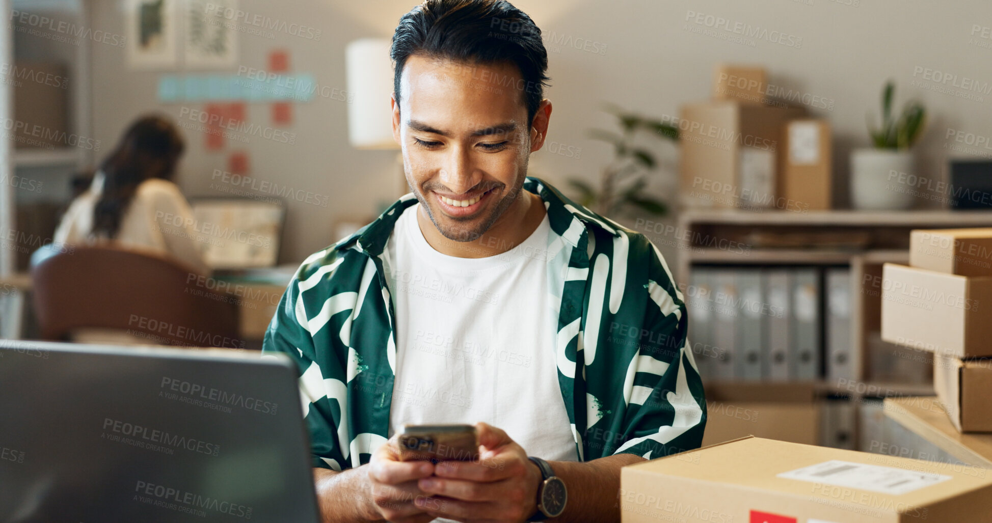 Buy stock photo Happy asian man, phone and logistics for communication, social media or online order at boutique. Male person or delivery with smile and mobile smartphone for networking in small business at store