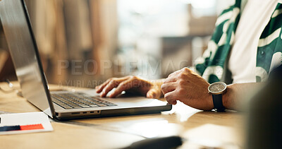 Buy stock photo Closeup, business and man with a laptop, typing and network with connection, supply chain or entrepreneur. Person, hands or employee with a pc, keyboard or website information with email notification