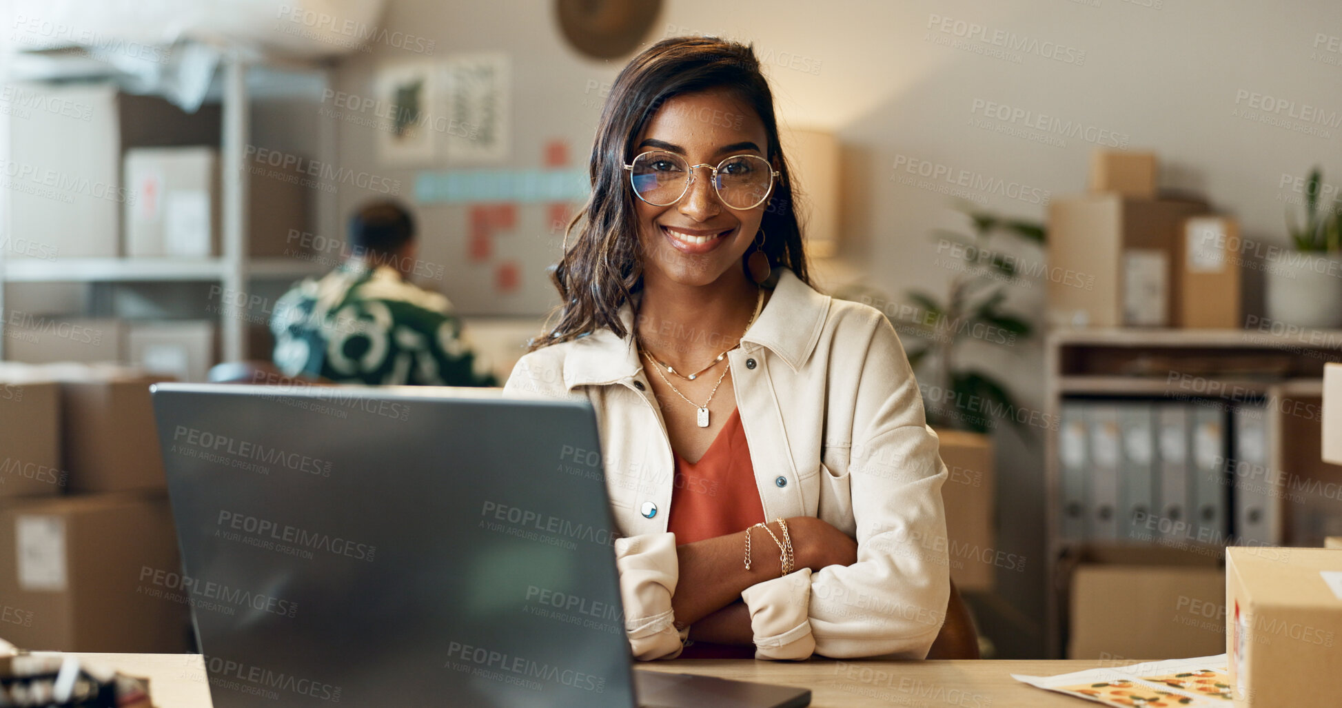 Buy stock photo Woman, portrait and laptop, ecommerce and delivery, courier company with shipping and small business owner. Website, digital inventory list and logistics with smile in office, supply chain and retail