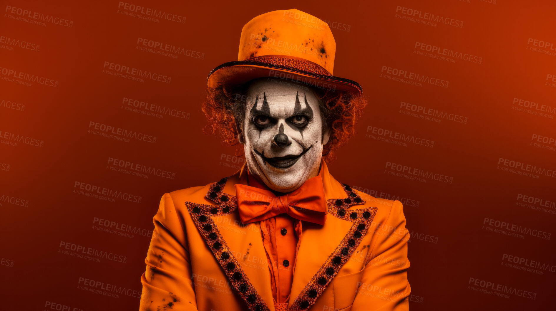 Buy stock photo Portrait of a evil creepy clown makeup and costume for halloween celebration