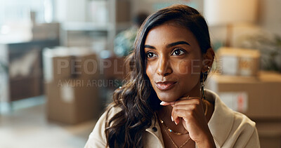 Buy stock photo Woman, thinking and logistics in small business for shipping, boxes and supply chain of products. Distribution, workshop and employee problem solving a solution for delivery of stock and inventory