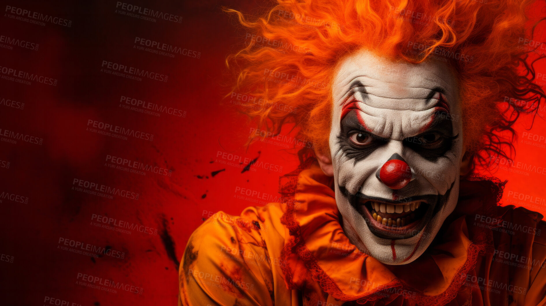 Buy stock photo Portrait of a evil creepy clown makeup and costume for halloween celebration