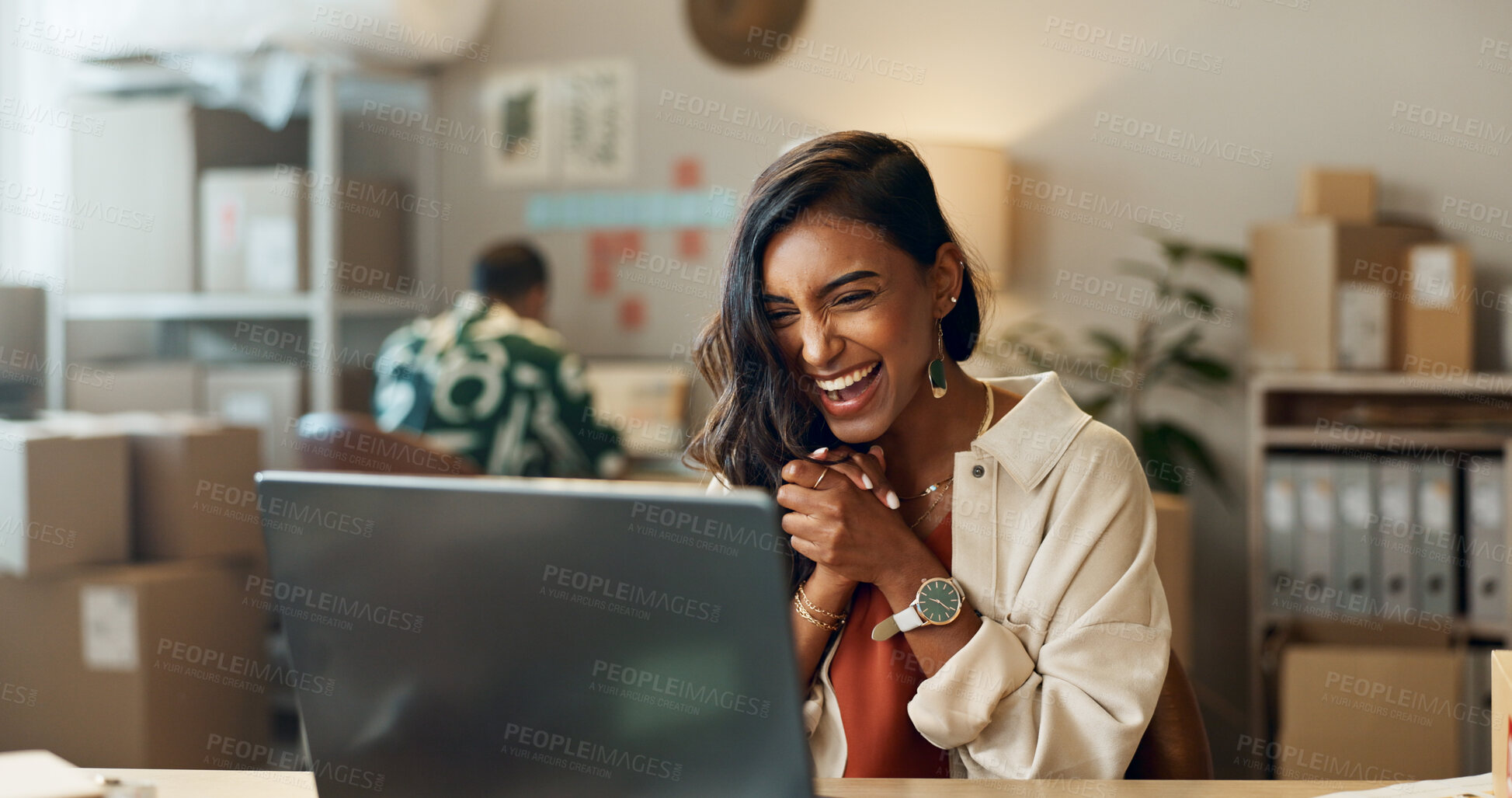 Buy stock photo Woman, ecommerce and excited with laptop for sales negotiation, product investment or client growth. Indian, person and happiness for business meeting, profit celebration or logistics target at work