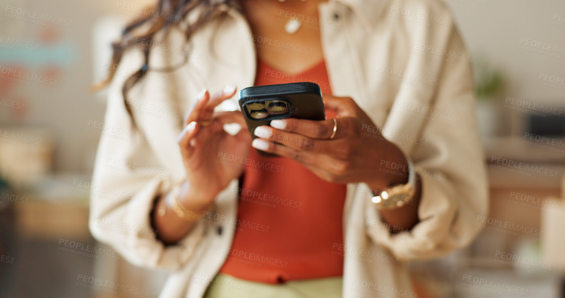 Buy stock photo Closeup, businesswoman and hand with smartphone for e commerce, digital banking or mobile app in space. Female entrepreneur, worker and scrolling on social media for online, alert or notification