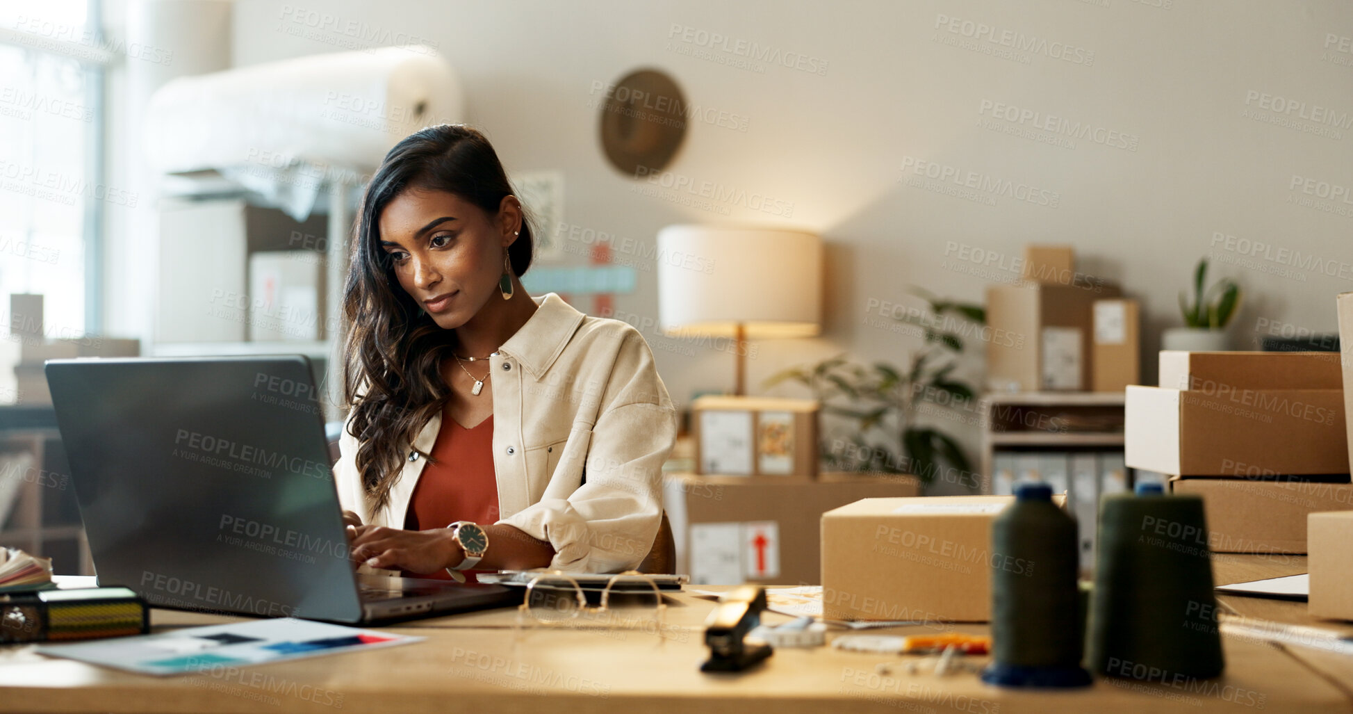 Buy stock photo Woman, business and shipping on laptop in office for research, feedback and supply chain for ecommerce. Indian, person or planning on pc for logistics, stock administration or package distribution