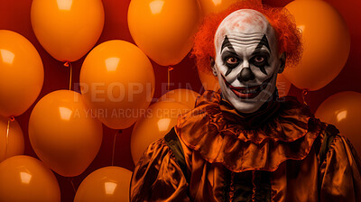 Buy stock photo Portrait of a evil creepy clown makeup and costume for halloween celebration