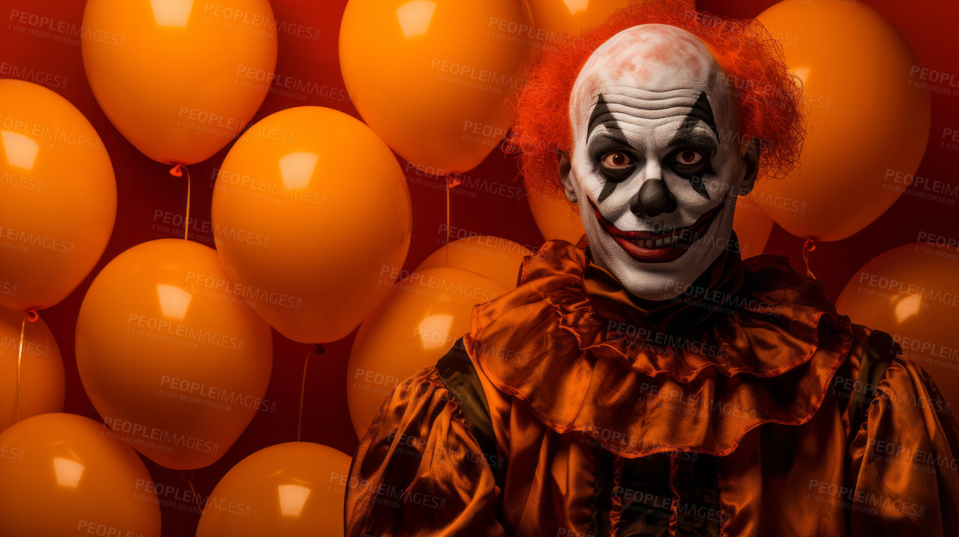 Buy stock photo Portrait of a evil creepy clown makeup and costume for halloween celebration