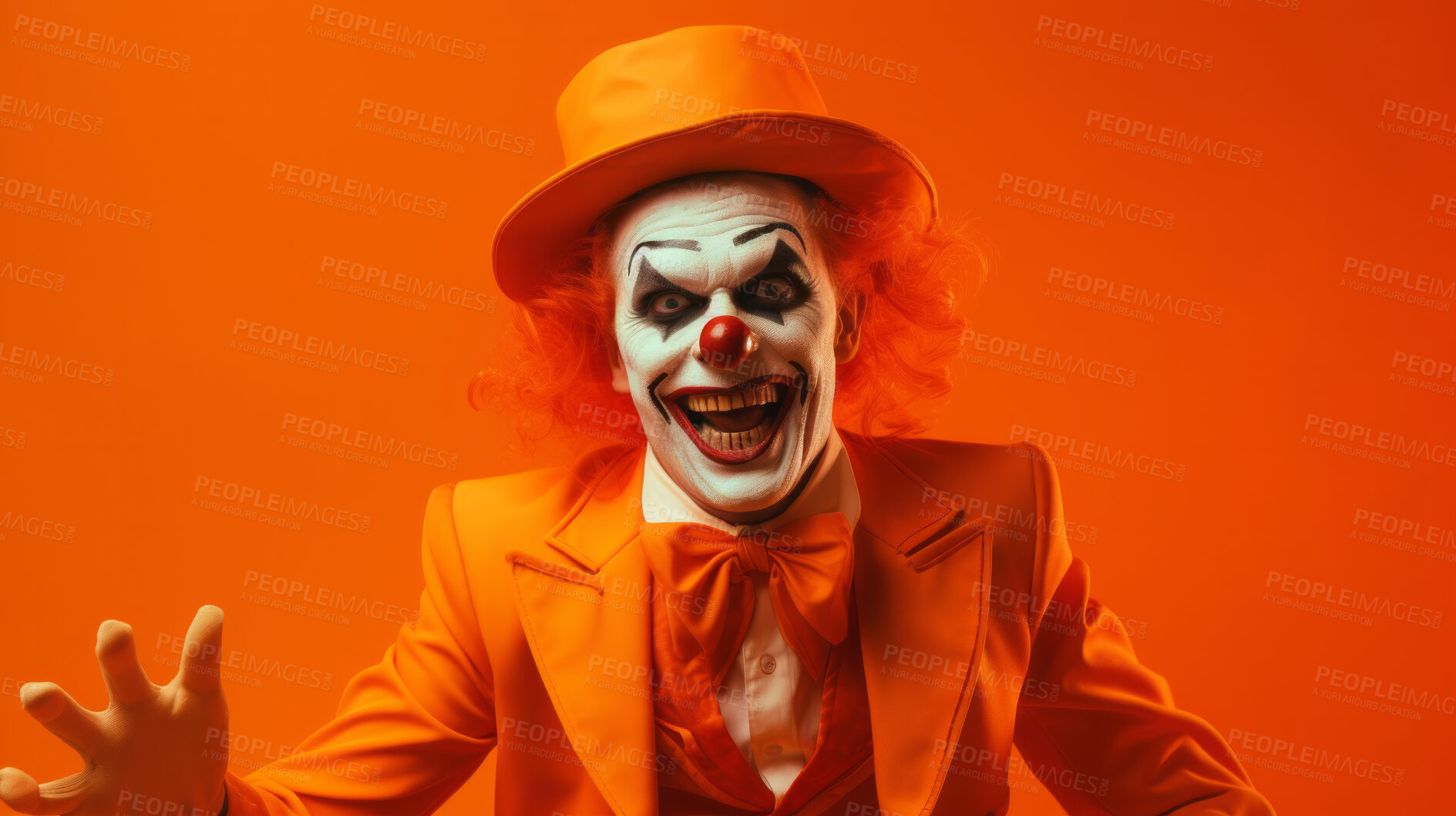 Buy stock photo Portrait of a evil creepy clown makeup and costume for halloween celebration