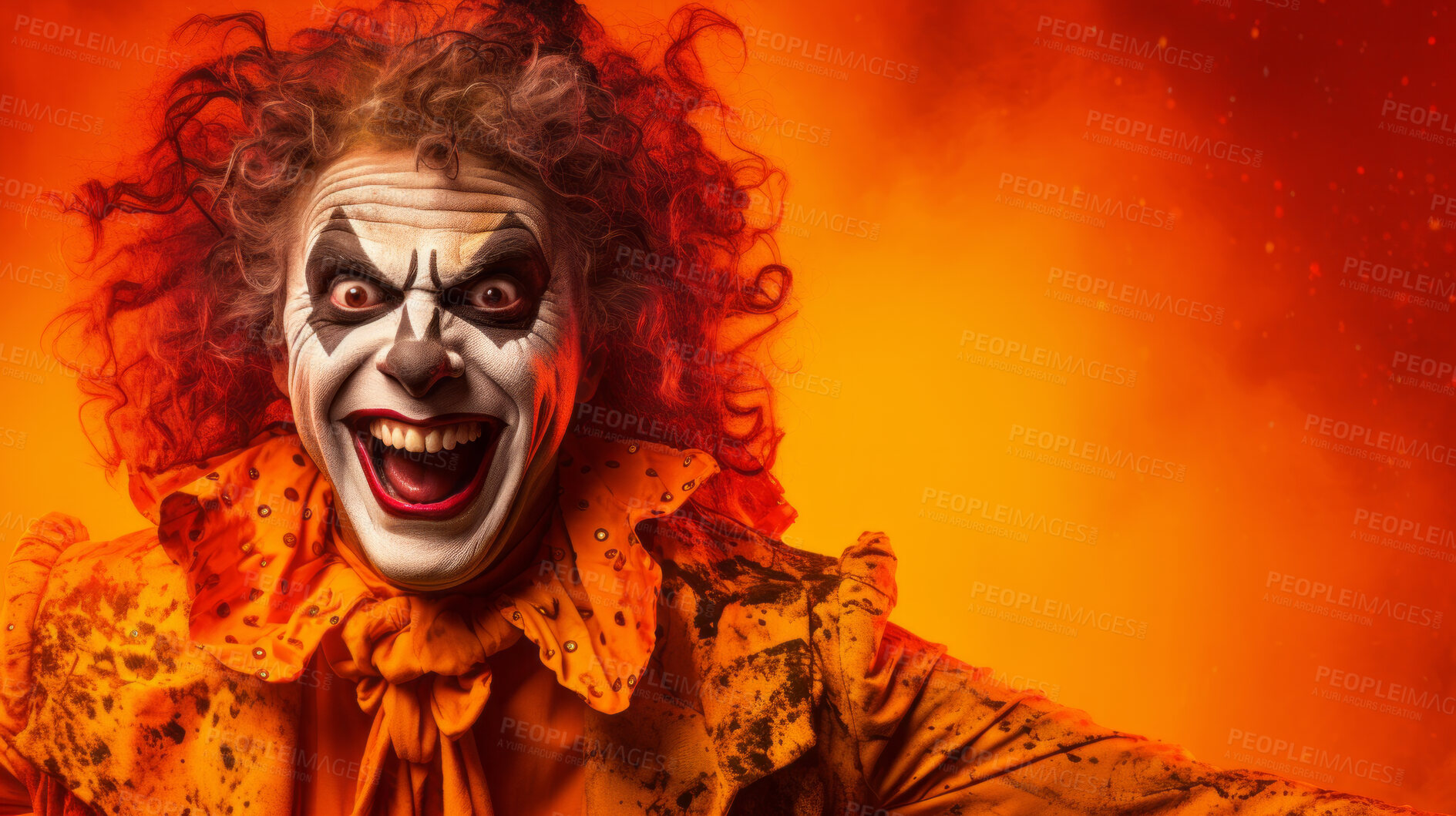 Buy stock photo Portrait of a evil creepy clown makeup and costume for halloween celebration