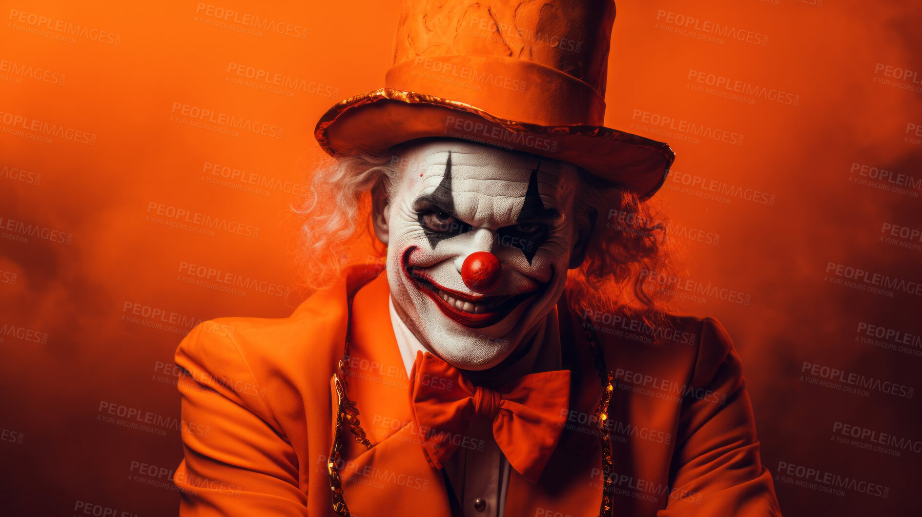 Buy stock photo Portrait of a evil creepy clown makeup and costume for halloween celebration