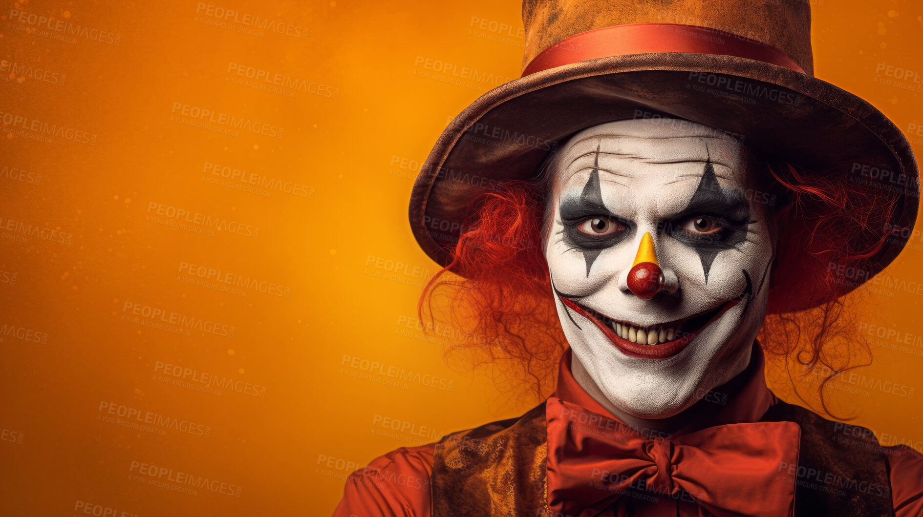 Buy stock photo Portrait of a evil creepy clown makeup and costume for halloween celebration