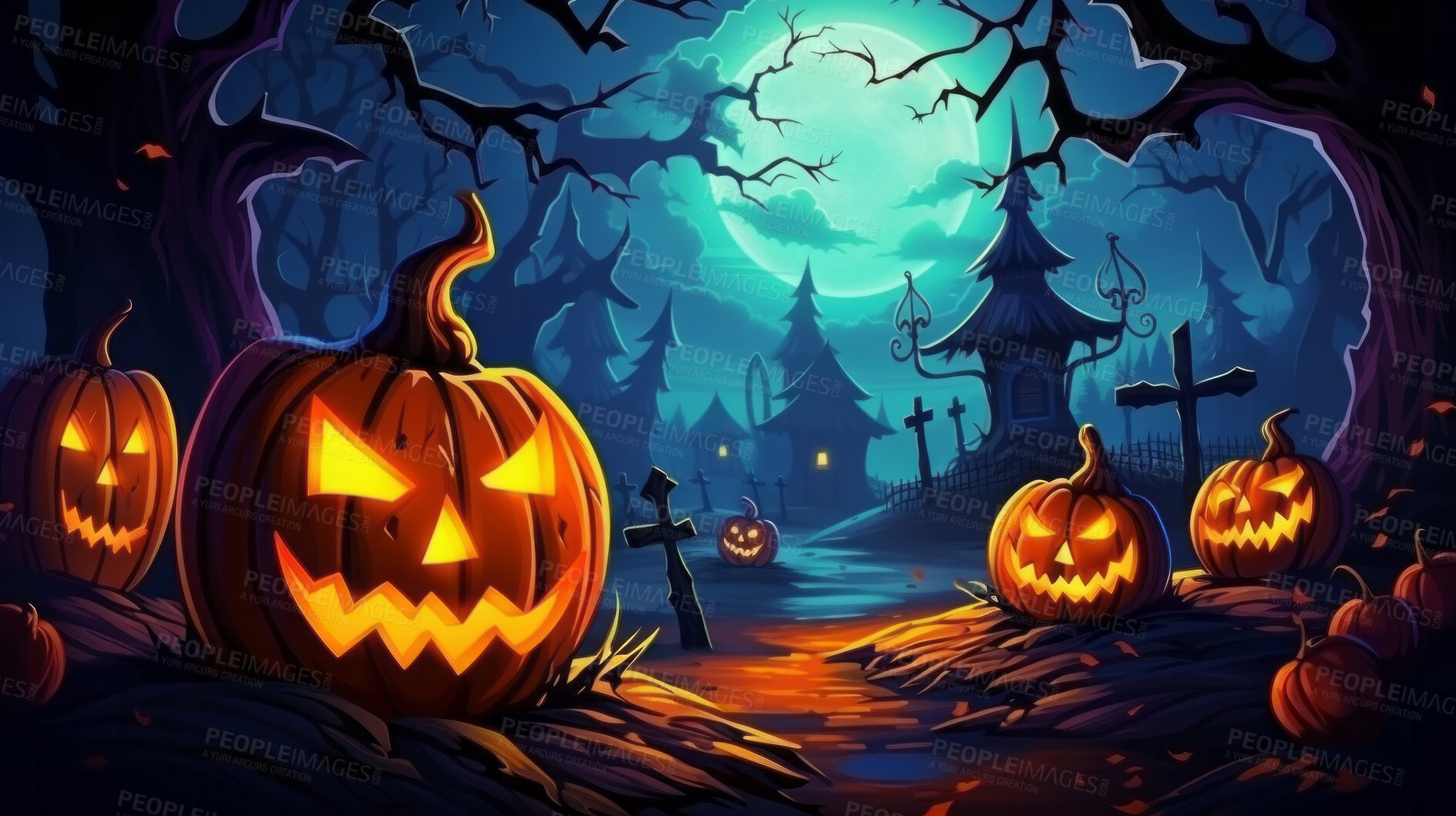 Buy stock photo Spooky halloween pumpkin illustration wallpaper or background for celebration