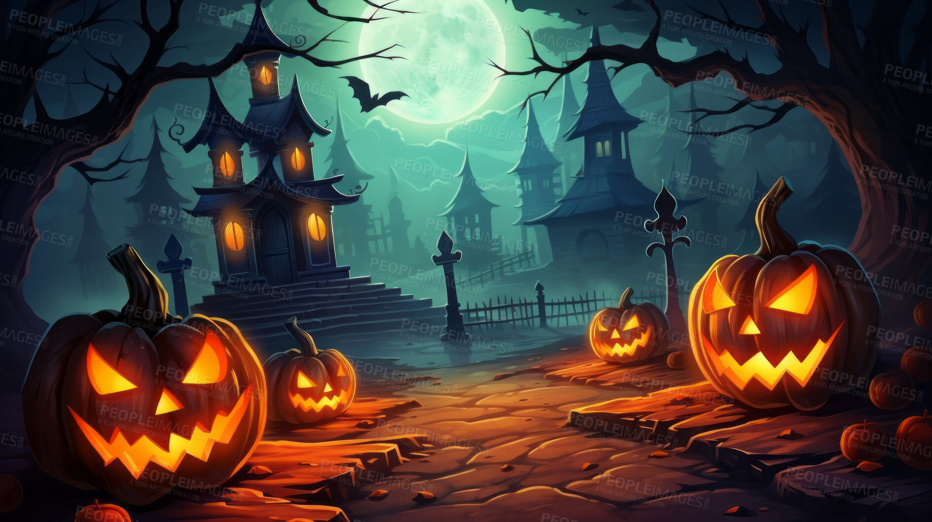 Buy stock photo Spooky halloween pumpkin illustration wallpaper or background for celebration