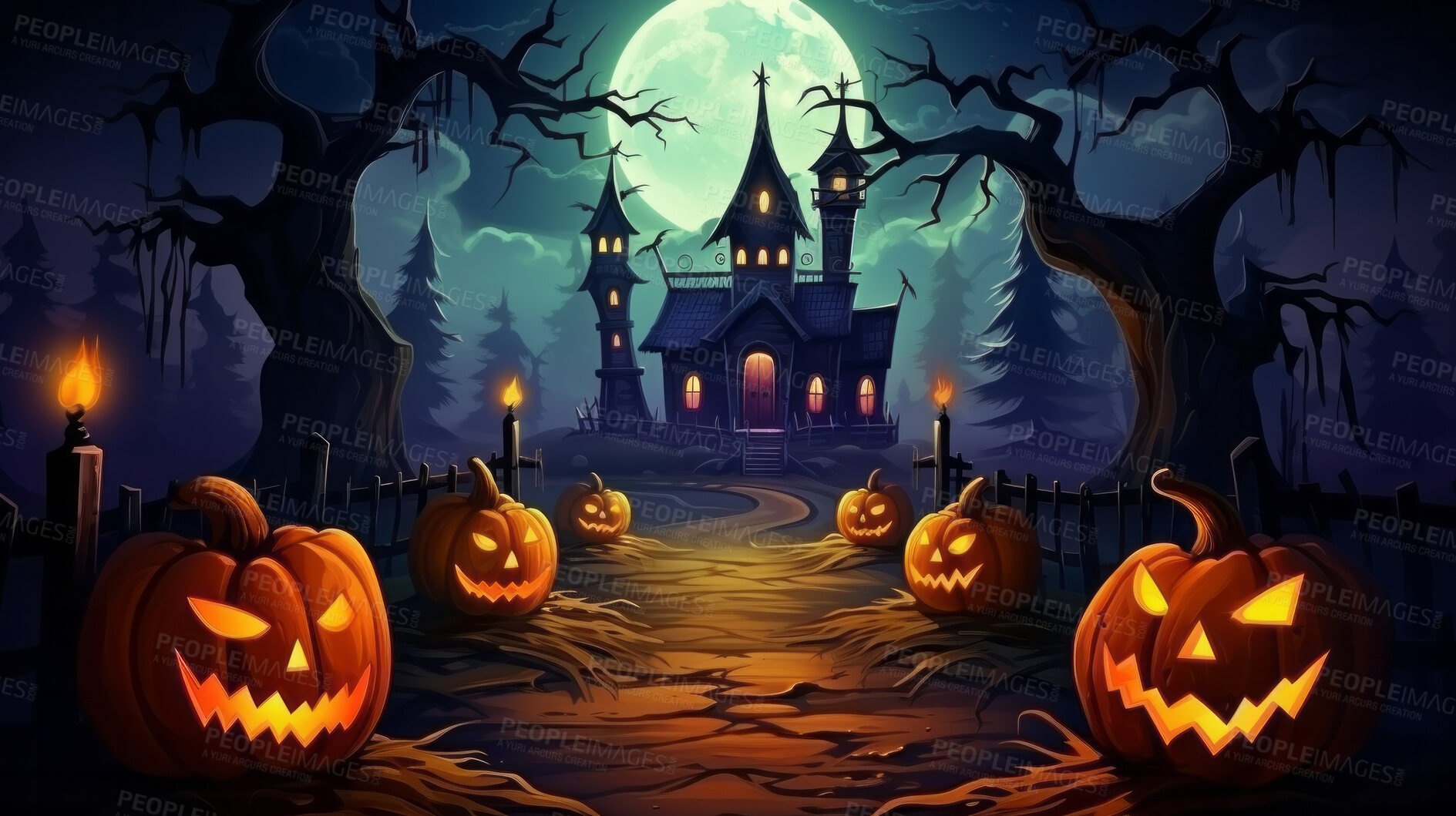 Buy stock photo Spooky halloween pumpkin illustration wallpaper or background for celebration