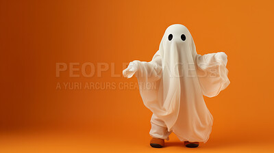 Buy stock photo Toddler waering a ghost costume for halloween celebration on orange wall