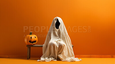 Buy stock photo Toddler waering a ghost costume for halloween celebration on orange wall