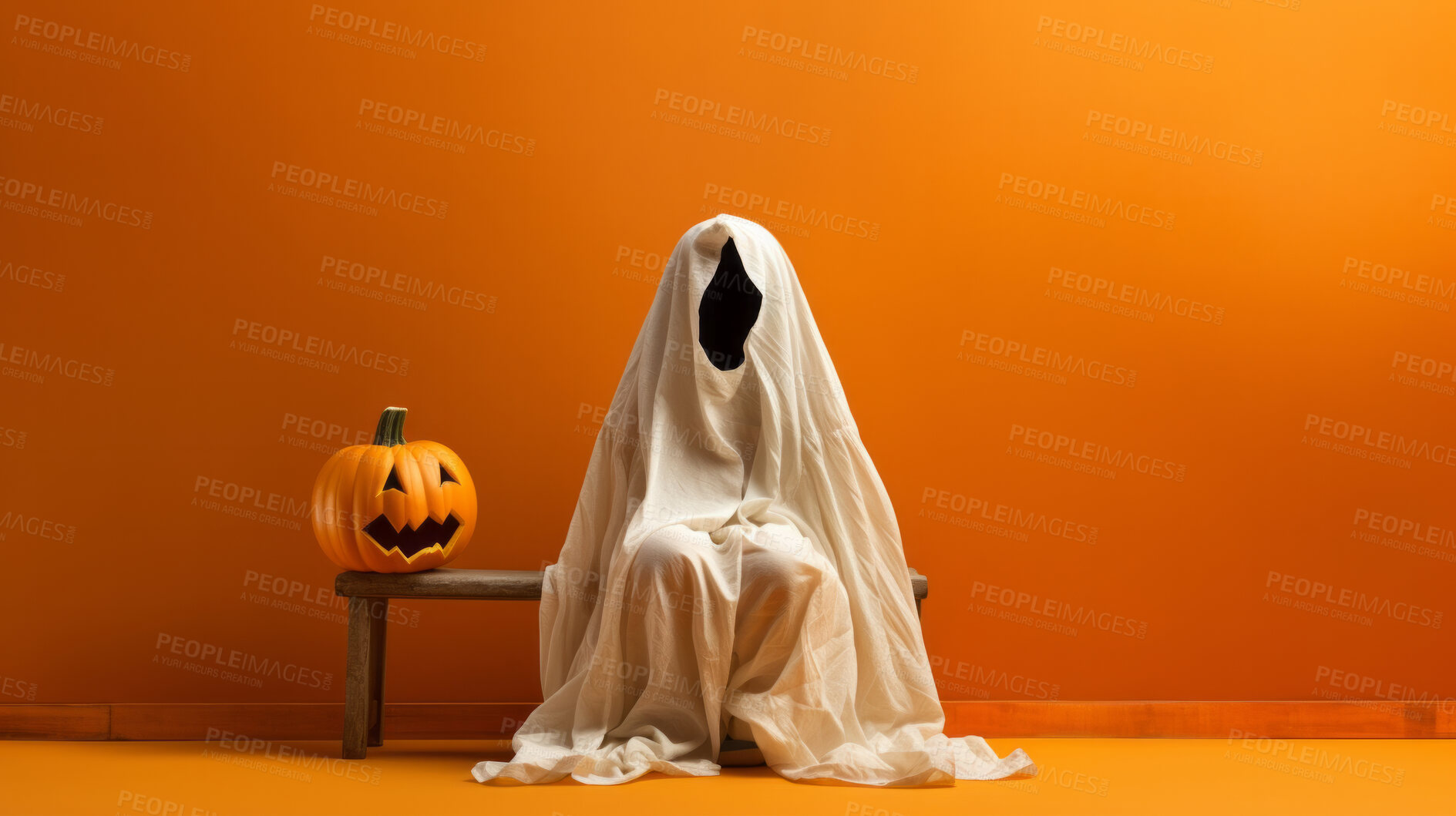 Buy stock photo Toddler waering a ghost costume for halloween celebration on orange wall