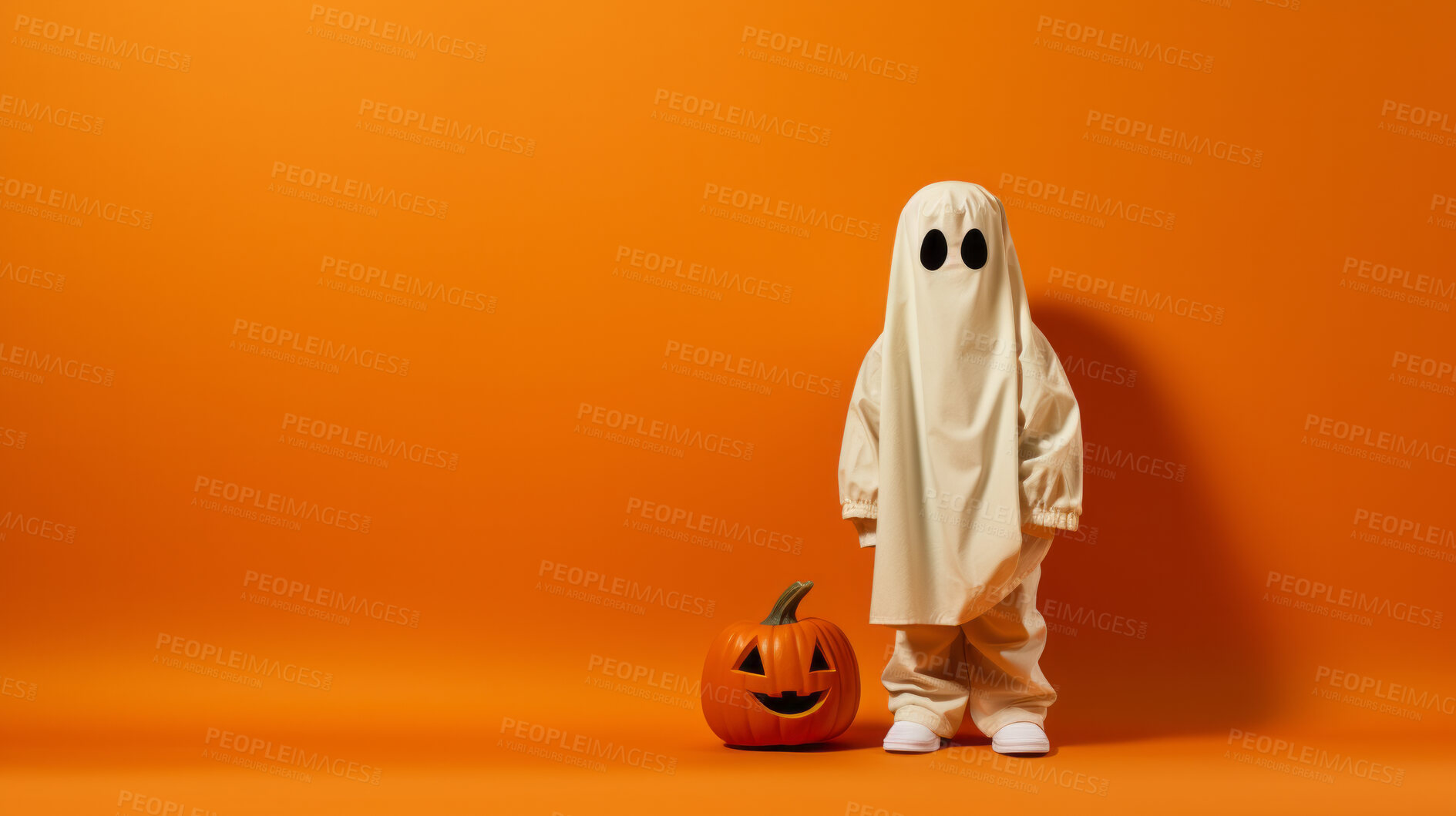 Buy stock photo Toddler waering a ghost costume for halloween celebration on orange wall