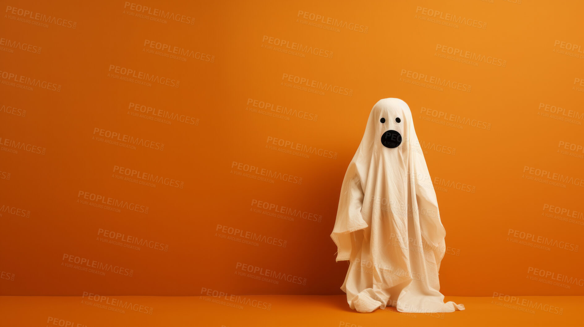 Buy stock photo Toddler waering a ghost costume for halloween celebration on orange wall