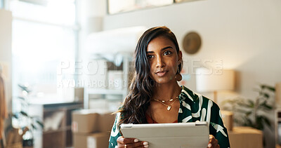 Buy stock photo Thinking, logistics and woman with tablet for shipping, small business and planning supply chain schedule. Employee, problem solving and tech for online shopping, inventory and dropshipping boxes