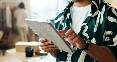 Buy stock photo Man, tablet and hands in small business, logistics or supply chain for online research at fashion boutique. Closeup of male person working on technology for web search or networking at retail store