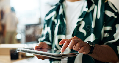 Buy stock photo Man, hands and tablet of fashion designer in research, communication or networking at boutique. Closeup of male person on technology for online search, order or inventory inspection in retail store