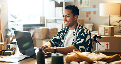 Buy stock photo Asian man, laptop and small business in logistics for order, ecommerce or design at boutique. Male person, tailor or fashion designer on computer for inventory, storage or inspection at retail store