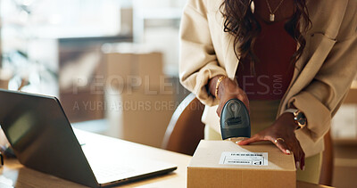 Buy stock photo Woman, laptop and hands scan box in logistics for pricing, check or inventory inspection at warehouse. Closeup of female person working with computer, scanner or boxes for storage or price at store