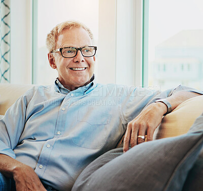 Buy stock photo Thinking, senior man and relax on the sofa of home in the morning during retirement break. Smile, calm and an elderly person on the iving room sofa for a happy, idea or enjoying free time on weekend