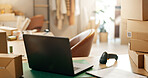 Empty office in startup, boxes or laptop for e commerce, s mall business order or inventory in shop. Background, delivery checklist or technology for courier logistics, cargo stock or online package