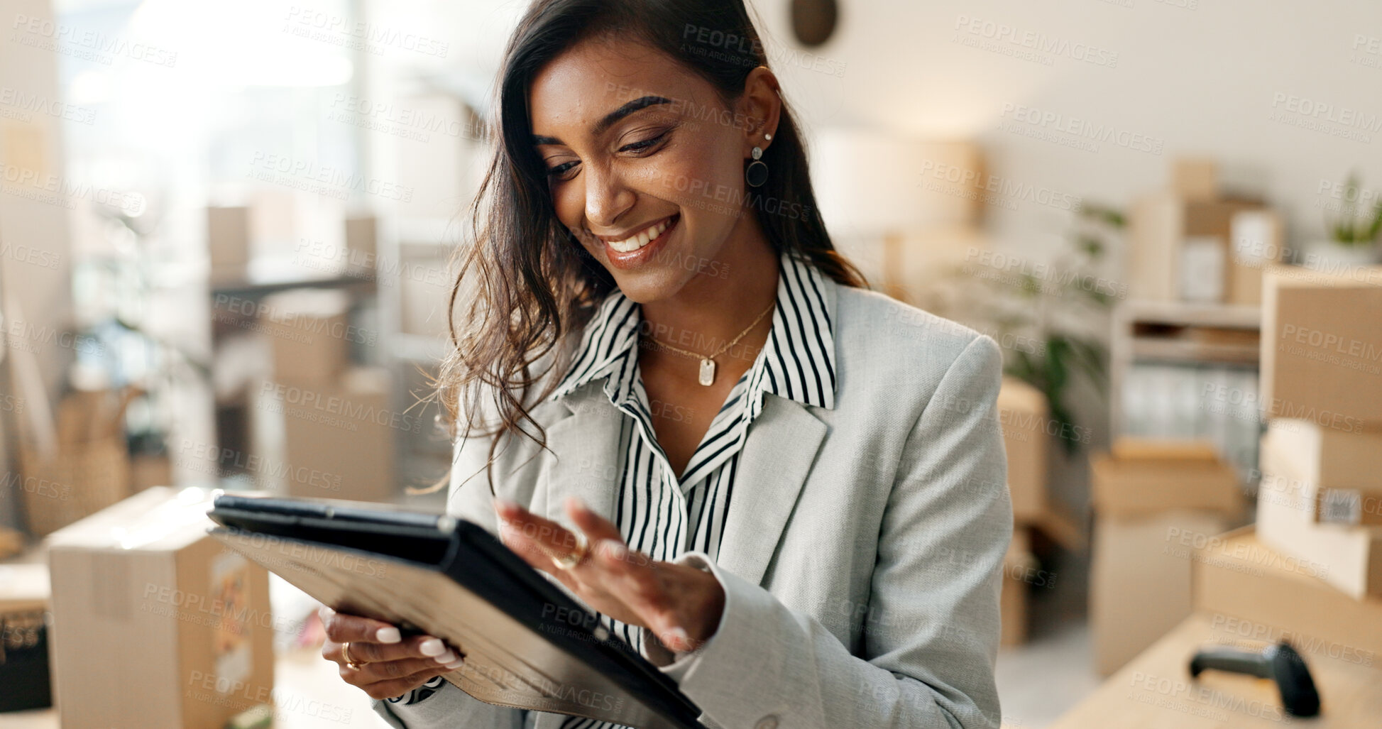 Buy stock photo Happy woman, tablet and boxes in small business, logistics or supply chain at retail store. Female person smile with technology for shipping, communication or online networking at shop or warehouse