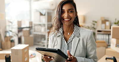 Happy woman, portrait and tablet with boxes in small business, logistics or supply chain in retail. Female person smile with technology for shipping, communication or online networking at warehouse
