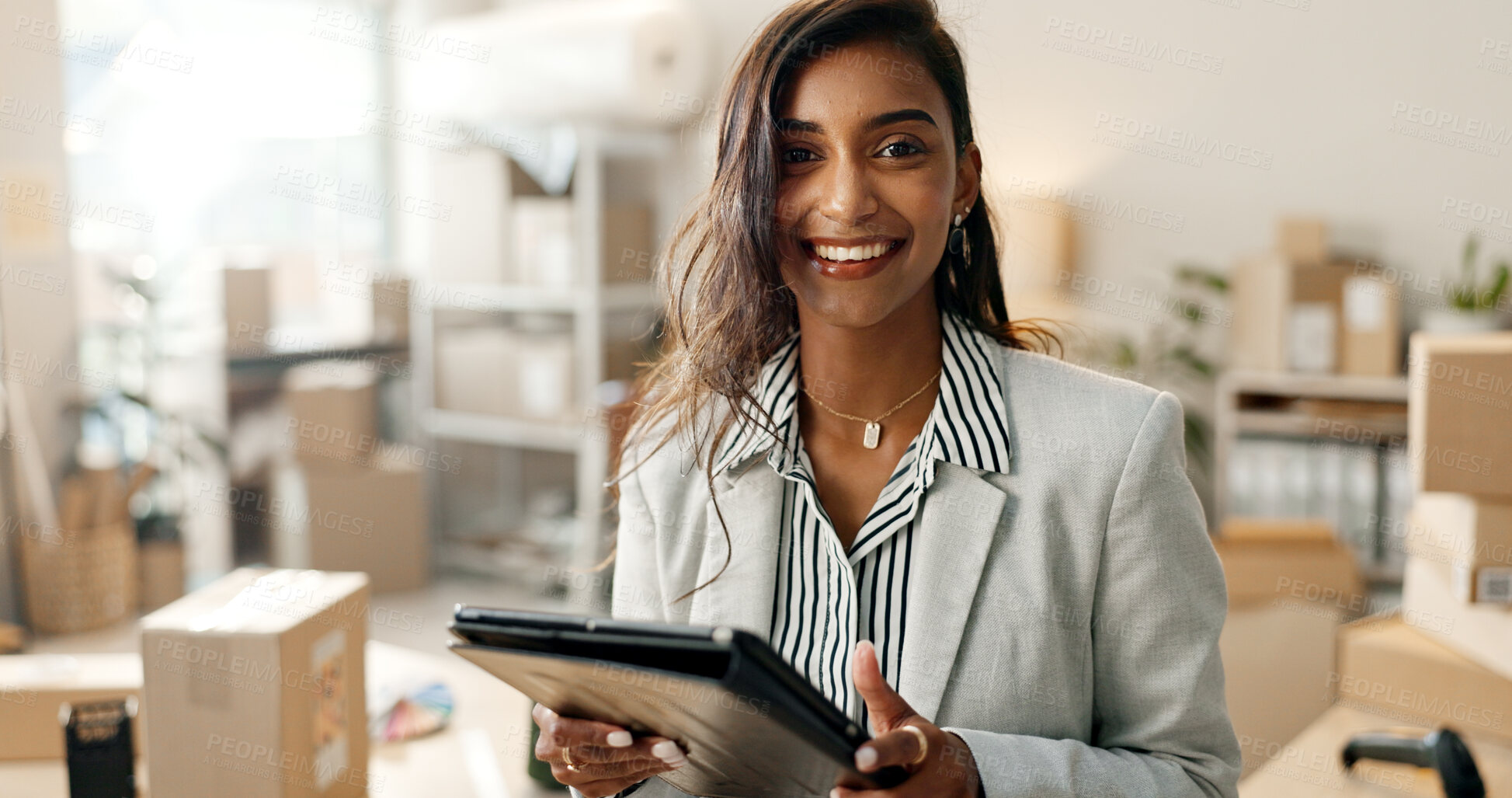 Buy stock photo Happy woman, portrait and tablet with boxes in small business, logistics or supply chain in retail. Female person smile with technology for shipping, communication or online networking at warehouse