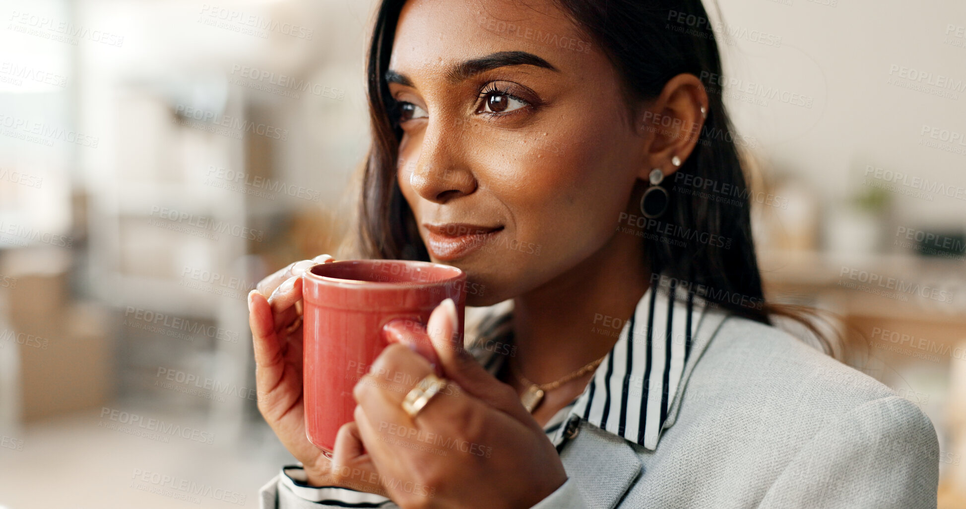 Buy stock photo Business woman, coffee and thinking, ideas and future with morning routine with inspiration and calm. Mindfulness, caffeine or espresso drink, corporate employee with problem solving and solution