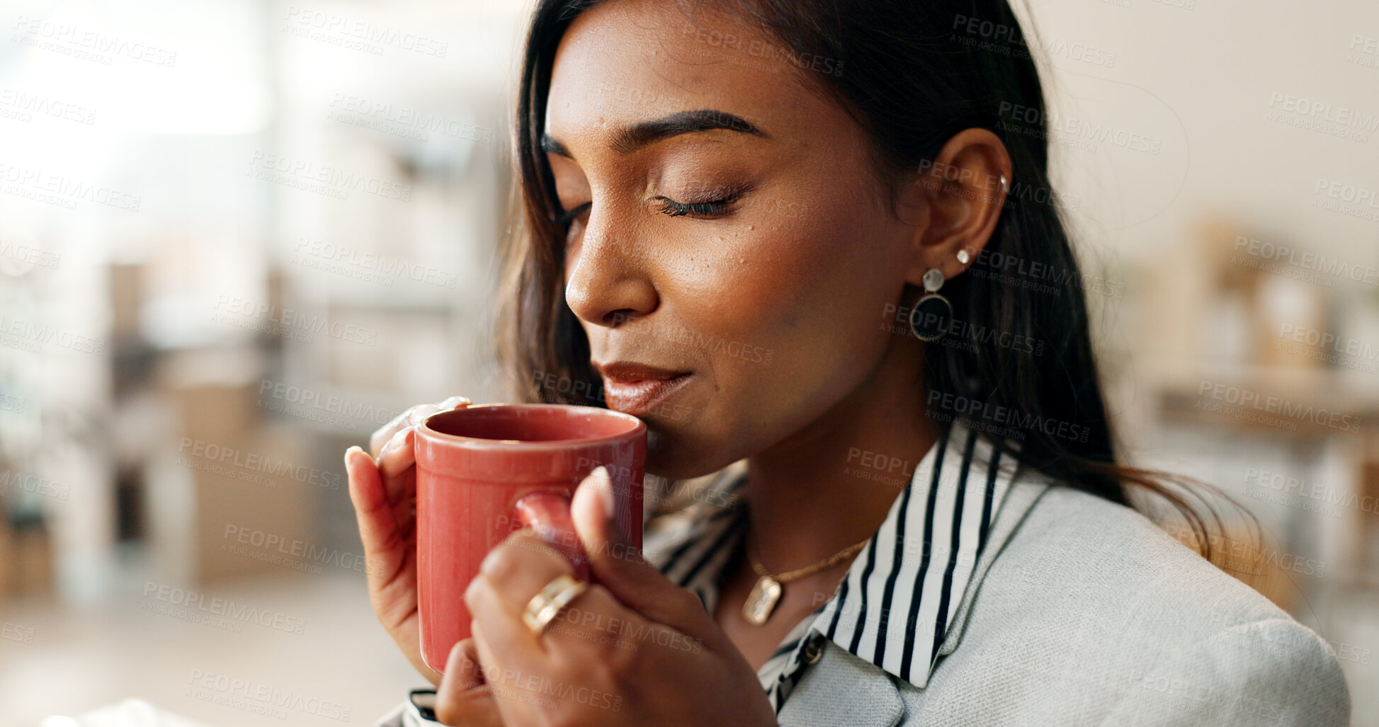 Buy stock photo Business woman, coffee and peace with morning, routine with smell or aroma of drink, inspiration and calm. Mindfulness, caffeine or espresso beverage, start the day or break with corporate employee