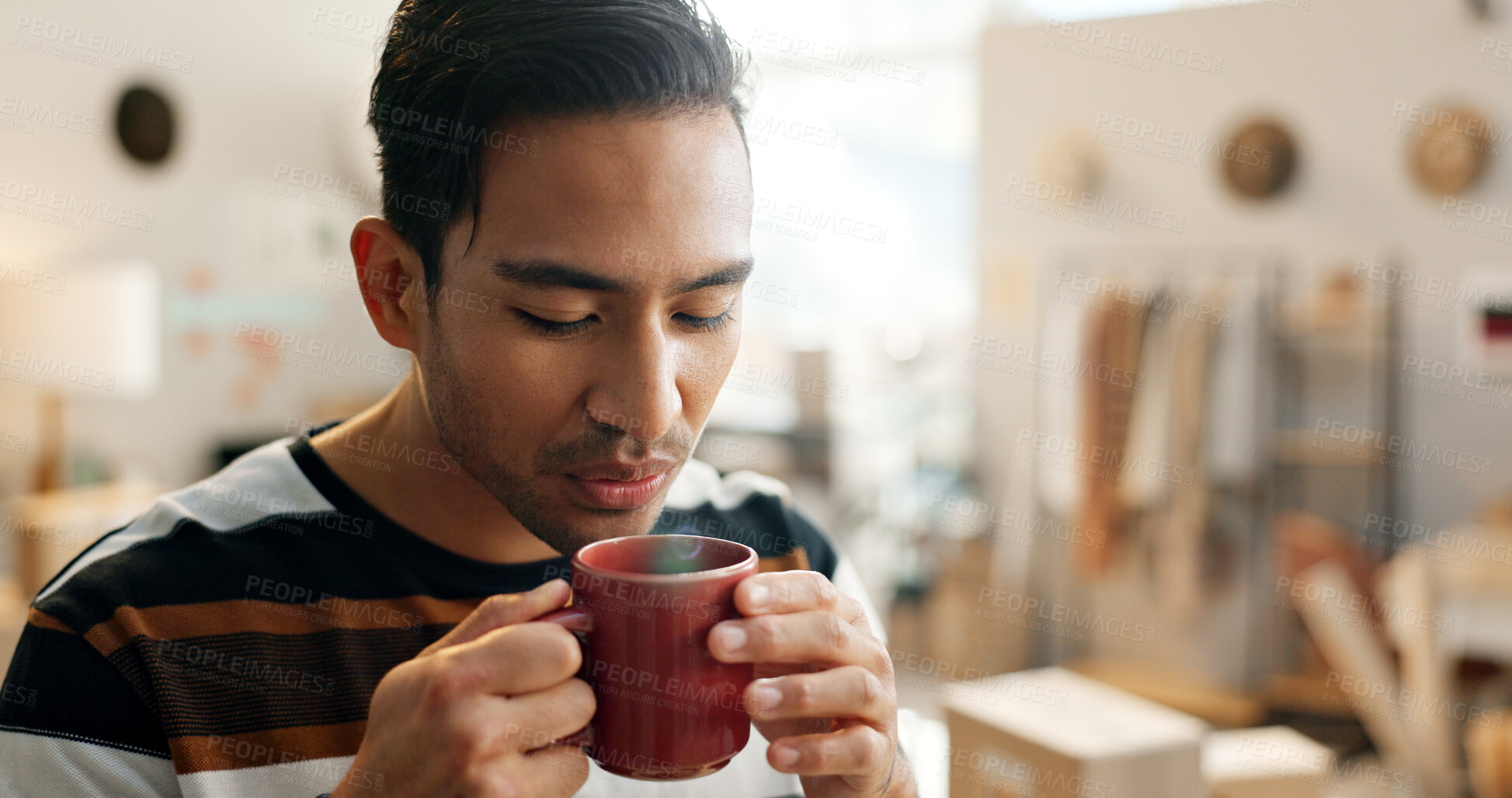 Buy stock photo Man, blow on coffee and peace with morning, routine with aroma of drink and delivery with small business and supplier. Mindfulness, caffeine or espresso beverage, start the day or break in workshop