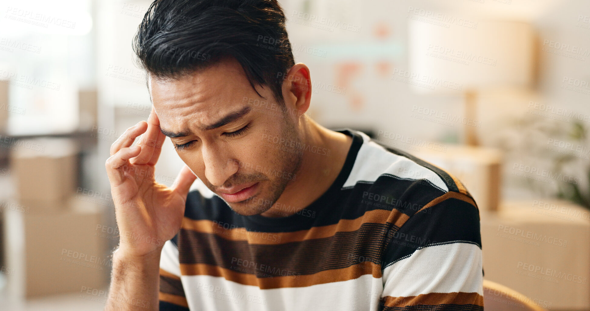 Buy stock photo Headache, man and stress with shipping company, delivery mistake and fatigue with brain fog and small business crisis. Migraine, health and burnout with inventory loss, fail or supply chain disaster 