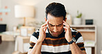 Frustrated man, headache and stress in mistake, fail or overworked in logistics at office. Closeup of male person with migraine, anxiety or mental health in fatigue, depression or bankruptcy and debt