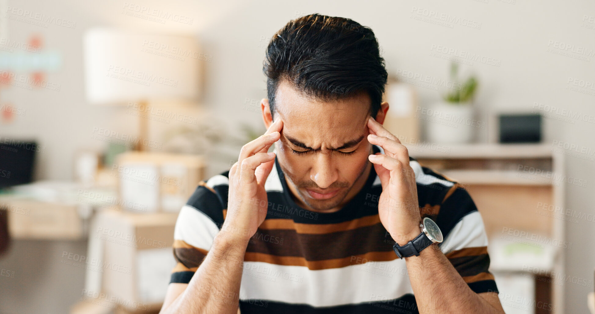 Buy stock photo Frustrated man, headache and stress in mistake, fail or overworked in logistics at office. Closeup of male person with migraine, anxiety or mental health in fatigue, depression or bankruptcy and debt