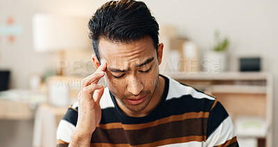 Frustrated man, headache and stress in anxiety, mistake or overworked in logistics at office. Closeup of male person with migraine, mental health or depression in fatigue, fail or bankruptcy and debt