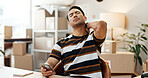 Man, neck pain and phone in office for business in e commerce, logistics or distribution with strain. Asian entrepreneur, tired and sore back at desk with mobile for telecom, social media or internet