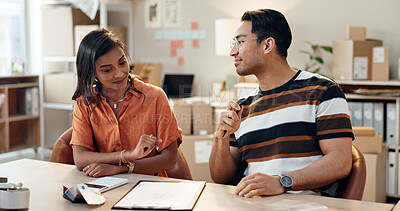 Buy stock photo Small business, teamwork or people with logistics, checklist and planning a schedule in collaboration. Sale, manager or woman with inventory, paperwork or calculator for financial invoice in office