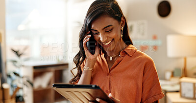 Happy woman, tablet and phone call in small business, supply chain or logistics for communication at retail store. Female person or employee talking on mobile smartphone with technology for order